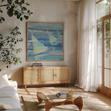 Summer Sail II by Albena Hristova. Shown in a natural wood frame in a cozy modern living room. Available as an archival giclee rolled canvas, fine art paper, or poster print. SKU 18661a.
