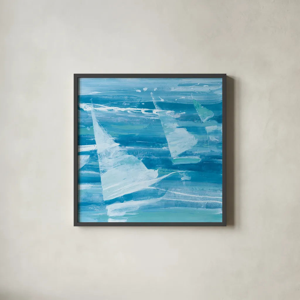 Summer Sail II Blue by Albena Hristova. Shown in a sleek black glass frame for a contemporary gallery look. Available as an archival giclee rolled canvas, fine art paper, or poster print. SKU 47385a.