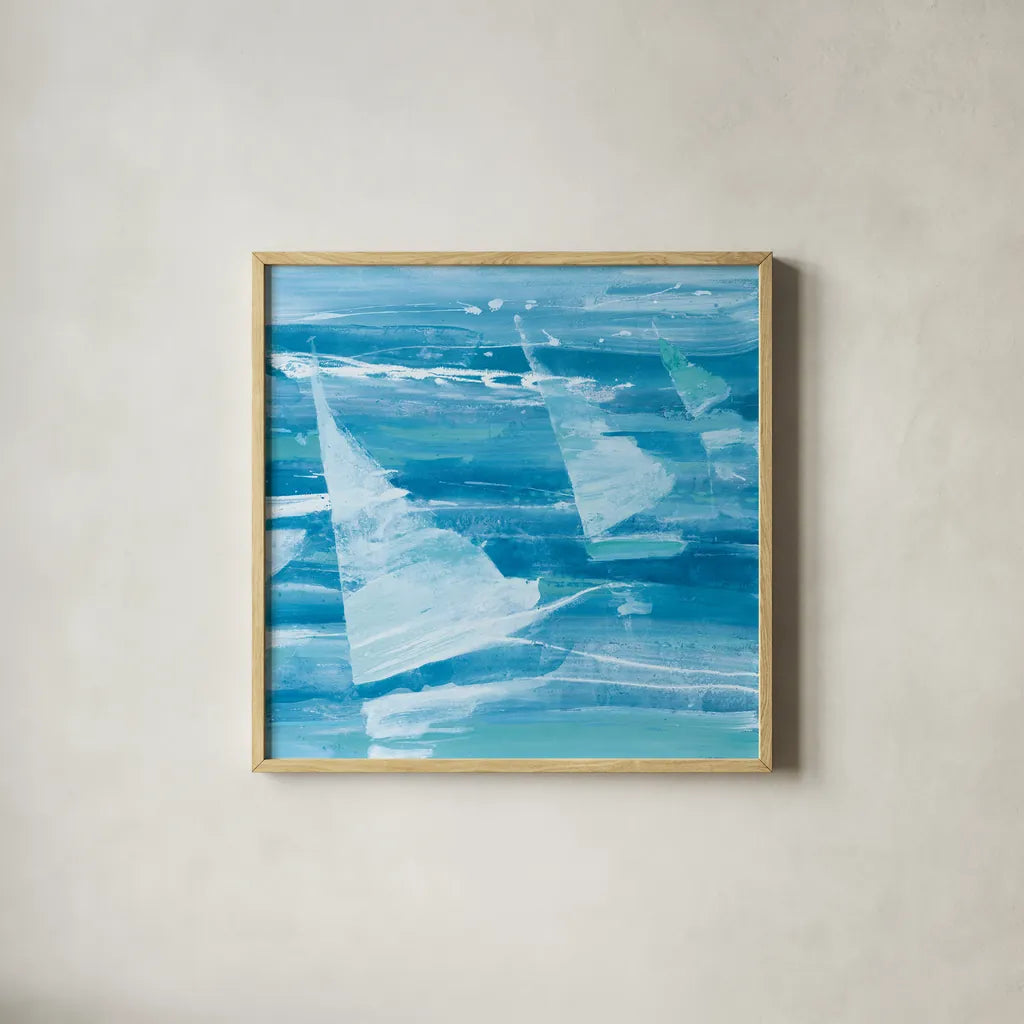 Summer Sail II Blue by Albena Hristova. Shown in a natural wood glass frame for a timeless modern aesthetic. Available as an archival giclee rolled canvas, fine art paper, or poster print. SKU 47385a.