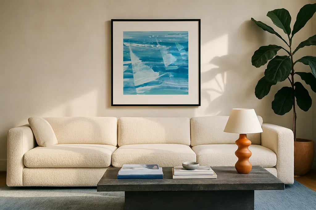 Summer Sail II Blue by Albena Hristova. Displayed in a glass frame with matte in a clean modern living room. Available as an archival giclee rolled canvas, fine art paper, or poster print. SKU 47385a.