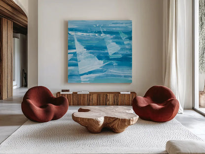 Summer Sail II Blue by Albena Hristova. Shown as extra-large giant wall art in a modern living room. Available as an archival giclee rolled canvas, fine art paper, or poster print. SKU 47385a.