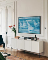 Summer Sail III Blue by Albena Hristova. shown as a framed stretched canvas in a living room above a console. Available as a archival giclee rolled canvas, fine art paper, or poster print. SKU 47386i.