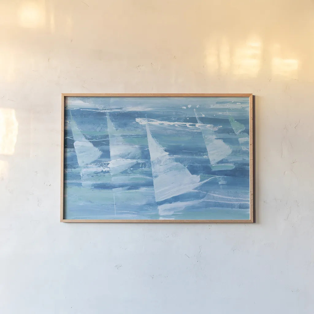 Summer Sail III Blue by Albena Hristova. shown as a paper print in a natural frame. Available as a archival giclee rolled canvas, fine art paper, or poster print. SKU 47386i.