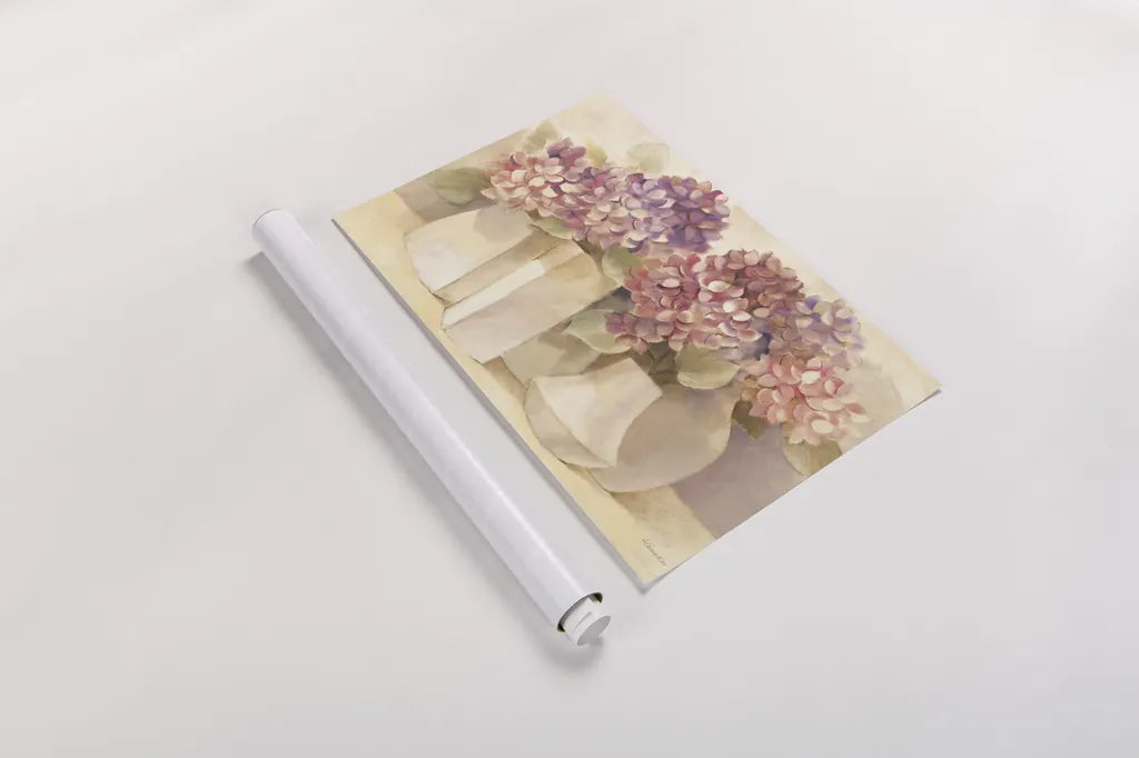 Sunlit Hydrangeas by Albena Hristova. shown as a rolled paper print. Available as archival giclee rolled canvas, fine art paper, or poster print. SKU 54426i.