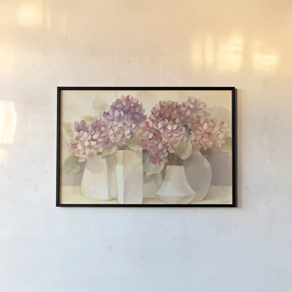 Sunlit Hydrangeas by Albena Hristova. shown as a paper print in a black flame. Available as a archival giclee rolled canvas, fine art paper, or poster print. SKU 54426i.
