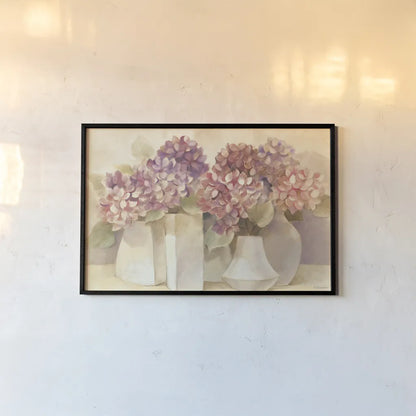 Sunlit Hydrangeas by Albena Hristova. shown as a paper print in a black flame. Available as a archival giclee rolled canvas, fine art paper, or poster print. SKU 54426i.