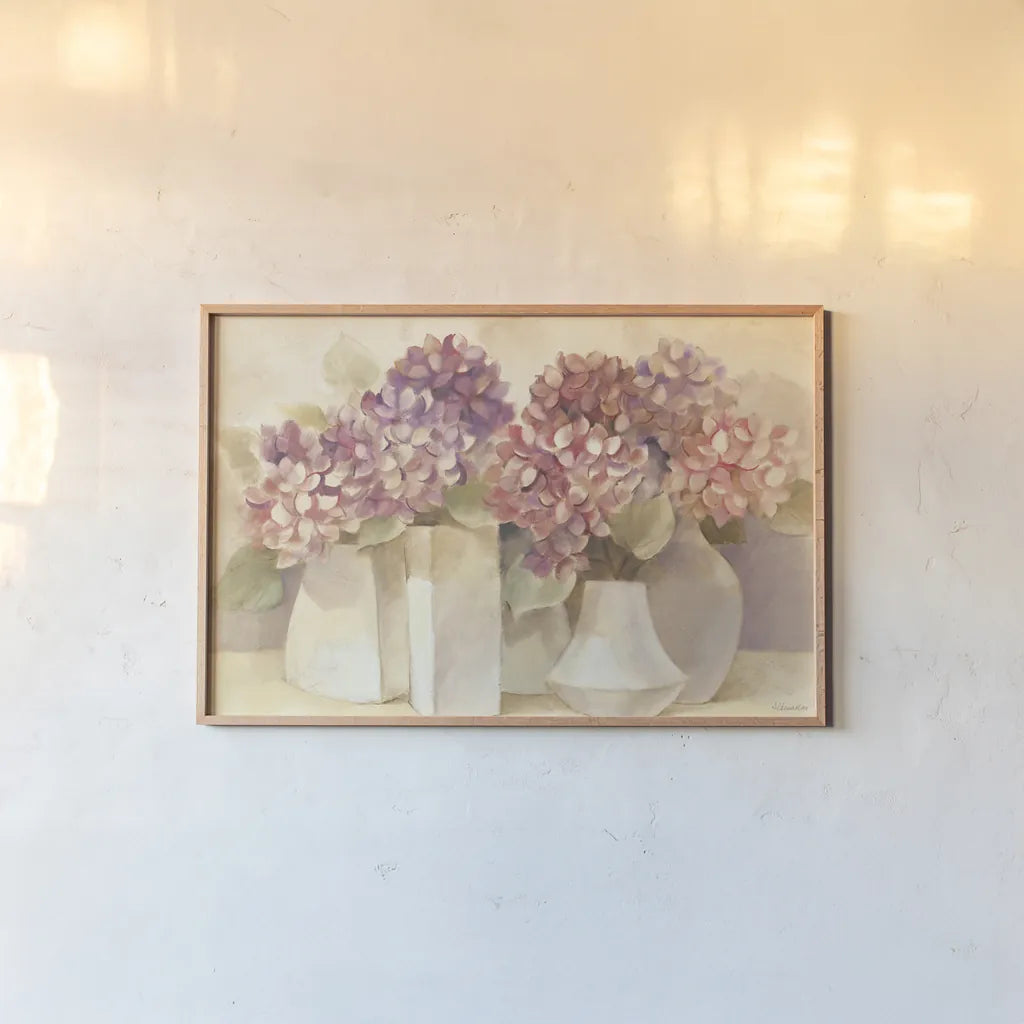 Sunlit Hydrangeas by Albena Hristova. shown as a paper print in a natural frame. Available as a archival giclee rolled canvas, fine art paper, or poster print. SKU 54426i.