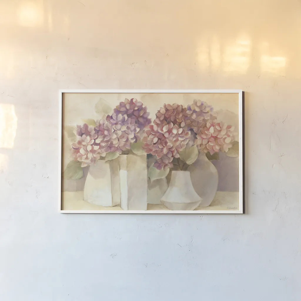 Sunlit Hydrangeas by Albena Hristova. shown as a paper print in a white frame. Available as a archival giclee rolled canvas, fine art paper, or poster print. SKU 54426i.