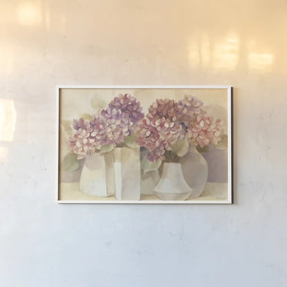 Sunlit Hydrangeas by Albena Hristova. shown as a paper print in a white frame. Available as a archival giclee rolled canvas, fine art paper, or poster print. SKU 54426i.