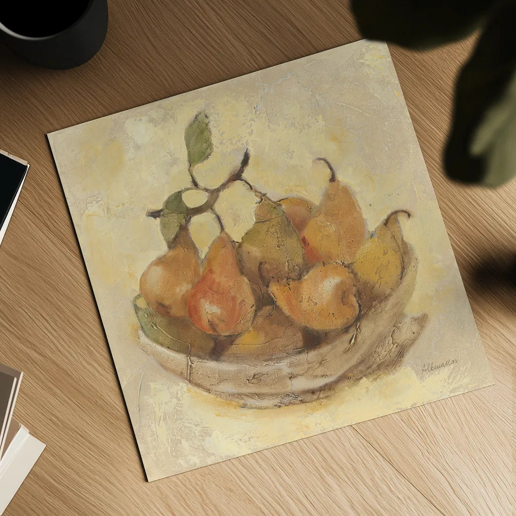Sunlit Pears Smooth by Albena Hristova. Shown as a detailed flat fine art print, highlighting archival giclee quality. Available as an archival giclee rolled canvas, fine art paper, or poster print. SKU 76150a.