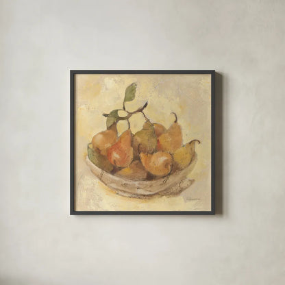 Sunlit Pears Smooth by Albena Hristova. Shown in a sleek black glass frame for a contemporary gallery look. Available as an archival giclee rolled canvas, fine art paper, or poster print. SKU 76150a.