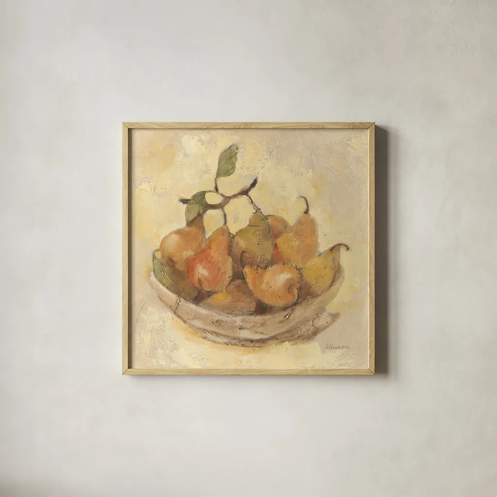 Sunlit Pears Smooth by Albena Hristova. Shown in a natural wood glass frame for a timeless modern aesthetic. Available as an archival giclee rolled canvas, fine art paper, or poster print. SKU 76150a.