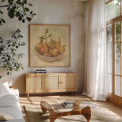 Sunlit Pears Smooth by Albena Hristova. Shown in a natural wood frame in a cozy modern living room. Available as an archival giclee rolled canvas, fine art paper, or poster print. SKU 76150a.
