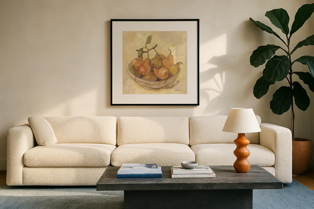 Sunlit Pears Smooth by Albena Hristova. Displayed in a glass frame with matte in a clean modern living room. Available as an archival giclee rolled canvas, fine art paper, or poster print. SKU 76150a.