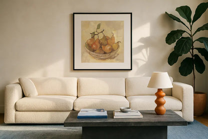 Sunlit Pears Smooth by Albena Hristova. Displayed in a glass frame with matte in a clean modern living room. Available as an archival giclee rolled canvas, fine art paper, or poster print. SKU 76150a.