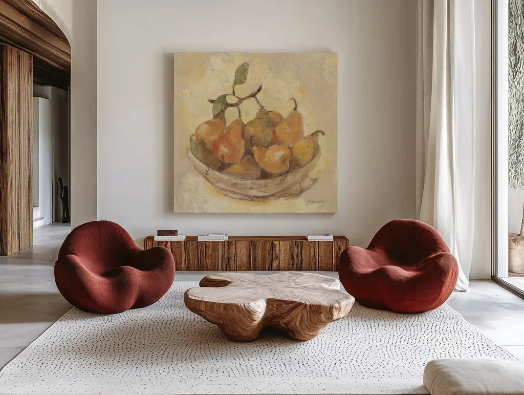 Sunlit Pears Smooth by Albena Hristova. Shown as extra-large giant wall art in a modern living room. Available as an archival giclee rolled canvas, fine art paper, or poster print. SKU 76150a.