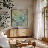 Sunny Bloom by Albena Hristova. Shown in a natural wood frame in a cozy modern living room. Available as an archival giclee rolled canvas, fine art paper, or poster print. SKU 44960a.