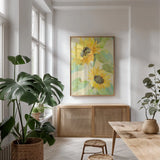 Sunny Blooms by Albena Hristova. shown as a print in a natural wood frame in a dining room. Available as a archival giclee rolled canvas, fine art paper, or poster print. SKU 54068h.