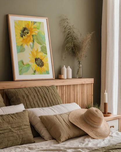 Sunny Blooms by Albena Hristova. shown as a paper print in a natural frame. Available as a archival giclee rolled canvas, fine art paper, or poster print. SKU 54068h.