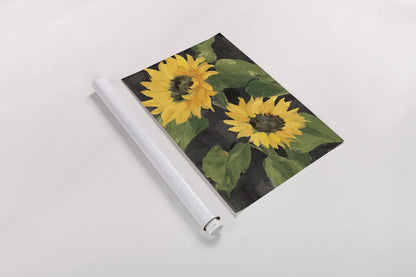 Sunny Blooms on Black by Albena Hristova. shown as a rolled paper print. Available as archival giclee rolled canvas, fine art paper, or poster print. SKU 80825h.