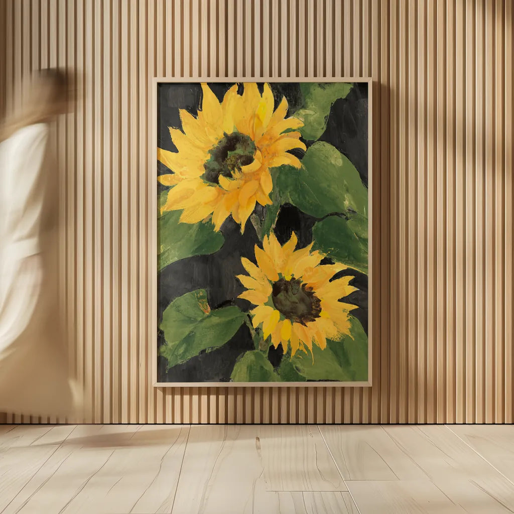 Sunny Blooms on Black by Albena Hristova. shown as over sized large wall art. Available as an archival giclee rolled canvas, fine art paper, or poster print. SKU 80825h.