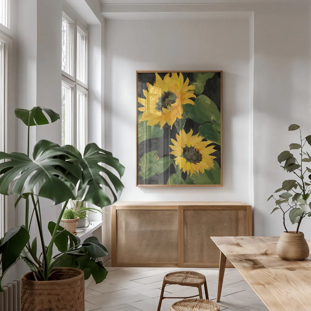 Sunny Blooms on Black by Albena Hristova. shown as a print in a natural wood frame in a dining room. Available as a archival giclee rolled canvas, fine art paper, or poster print. SKU 80825h.