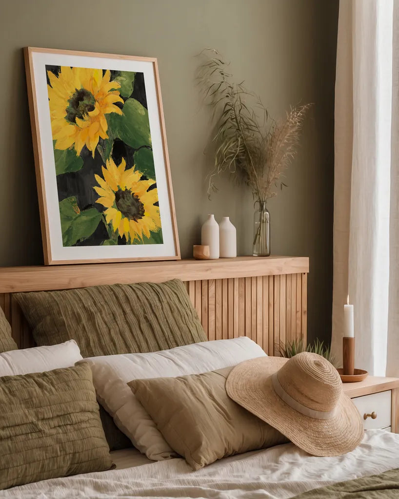 Sunny Blooms on Black by Albena Hristova. shown as a paper print in a natural frame. Available as a archival giclee rolled canvas, fine art paper, or poster print. SKU 80825h.