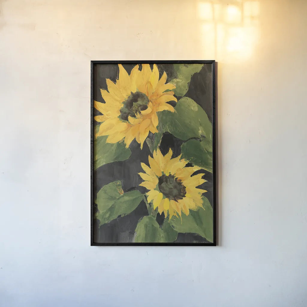 Sunny Blooms on Black by Albena Hristova. shown as a paper print in a black flame. Available as a archival giclee rolled canvas, fine art paper, or poster print. SKU 80825h.
