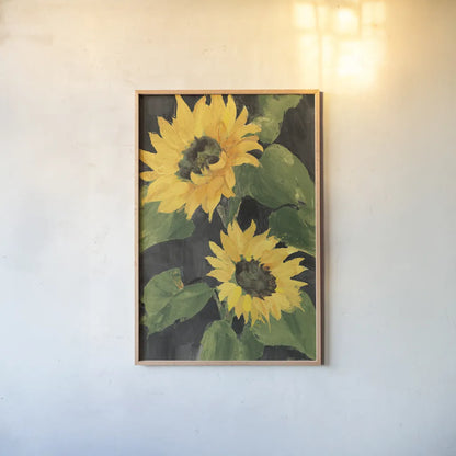 Sunny Blooms on Black by Albena Hristova. shown as a paper print in a natural frame. Available as a archival giclee rolled canvas, fine art paper, or poster print. SKU 80825h.