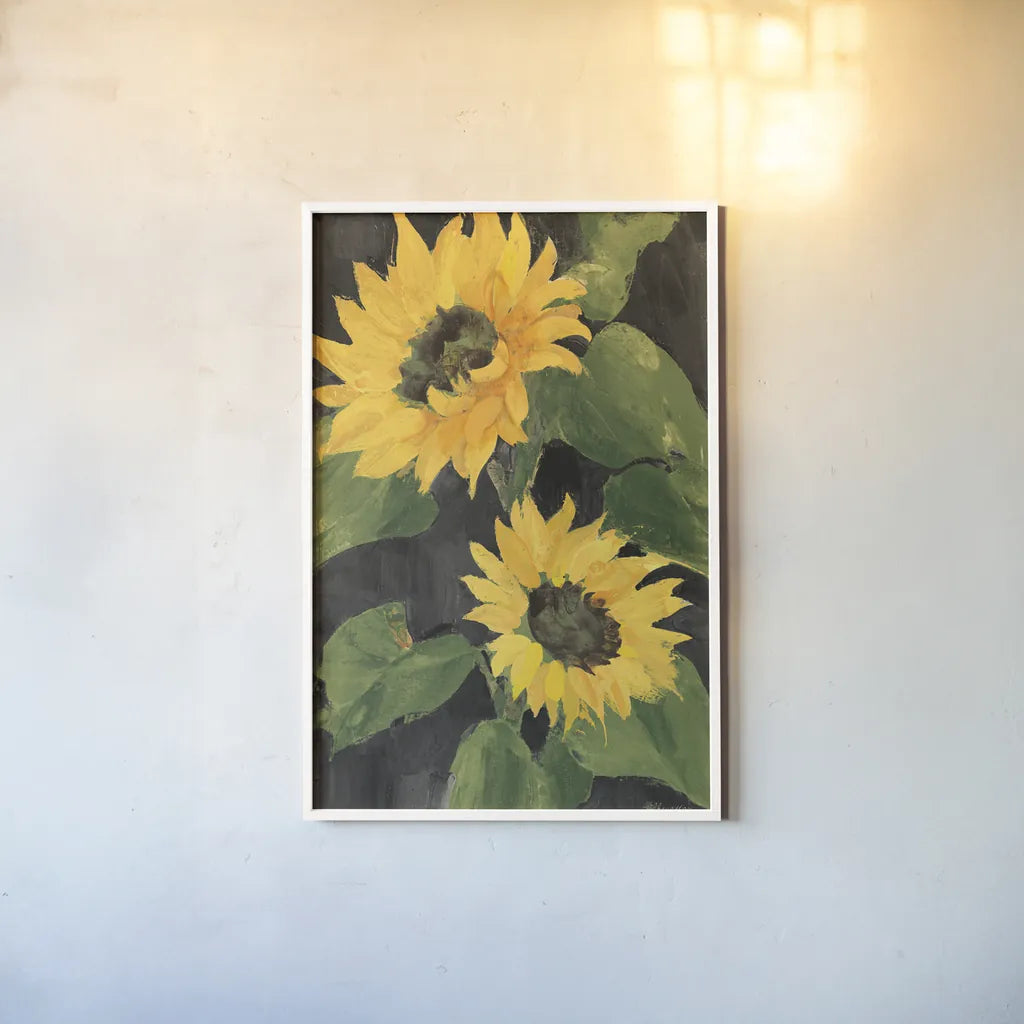 Sunny Blooms on Black by Albena Hristova. shown as a paper print in a white frame. Available as a archival giclee rolled canvas, fine art paper, or poster print. SKU 80825h.