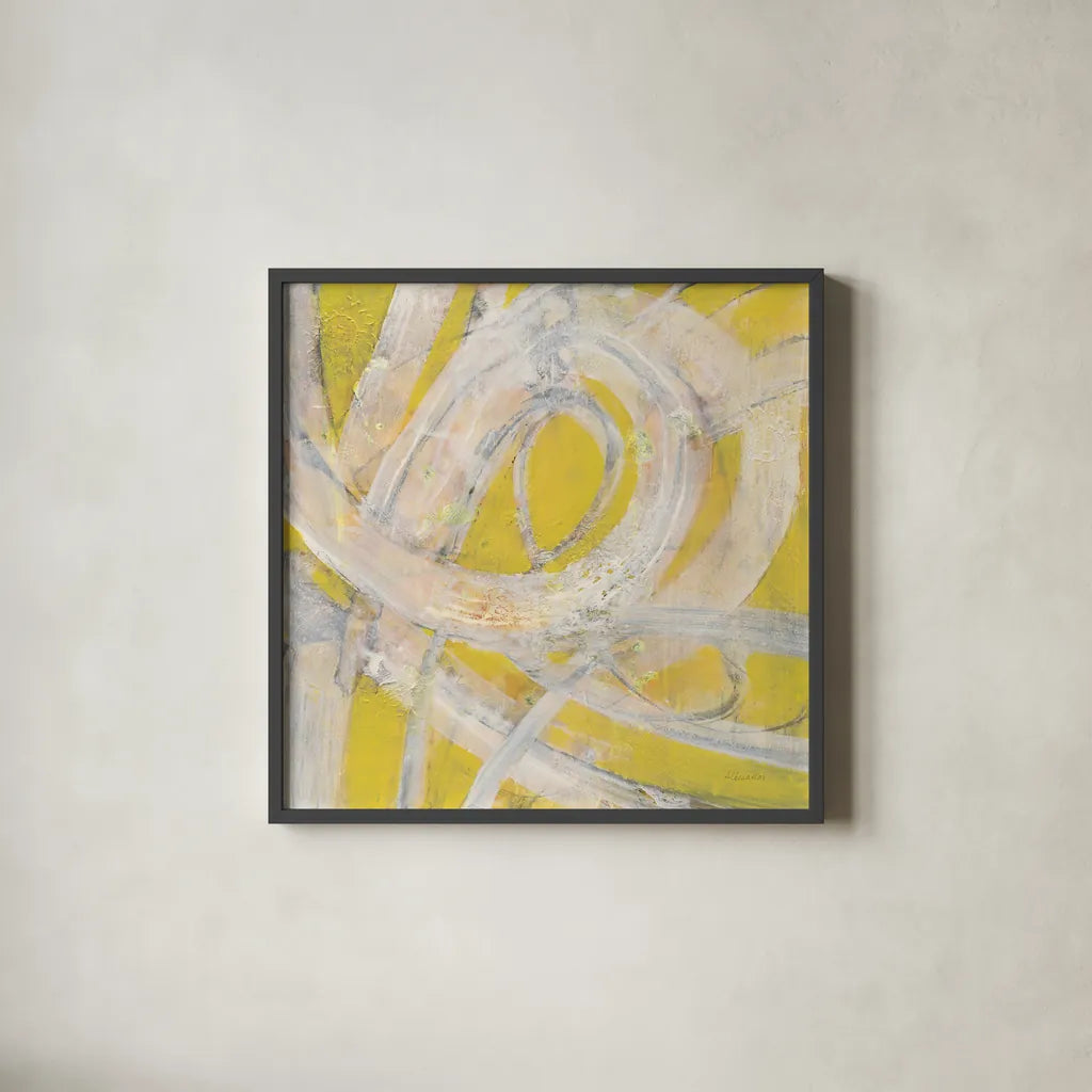 Sunshine Swirl by Albena Hristova. Shown in a sleek black glass frame for a contemporary gallery look. Available as an archival giclee rolled canvas, fine art paper, or poster print. SKU 64597a.