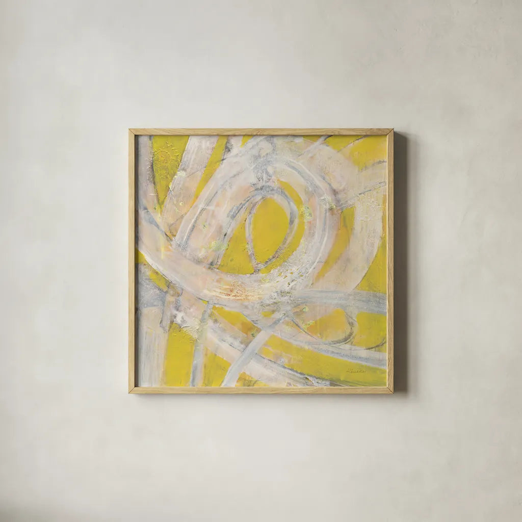 Sunshine Swirl by Albena Hristova. Shown in a natural wood glass frame for a timeless modern aesthetic. Available as an archival giclee rolled canvas, fine art paper, or poster print. SKU 64597a.