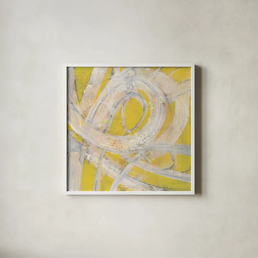 Sunshine Swirl by Albena Hristova. Shown in a crisp white glass frame for a clean and minimalist style. Available as an archival giclee rolled canvas, fine art paper, or poster print. SKU 64597a.