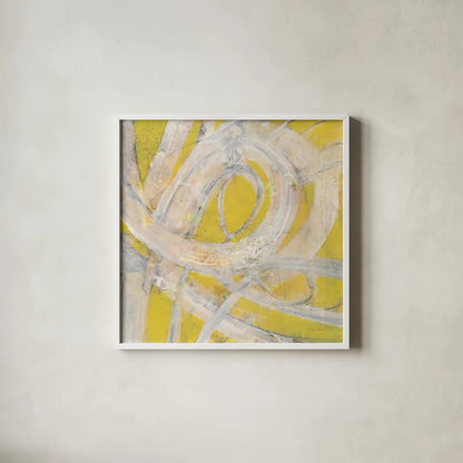 Sunshine Swirl by Albena Hristova. Shown in a crisp white glass frame for a clean and minimalist style. Available as an archival giclee rolled canvas, fine art paper, or poster print. SKU 64597a.