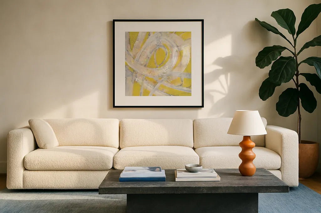 Sunshine Swirl by Albena Hristova. Displayed in a glass frame with matte in a clean modern living room. Available as an archival giclee rolled canvas, fine art paper, or poster print. SKU 64597a.
