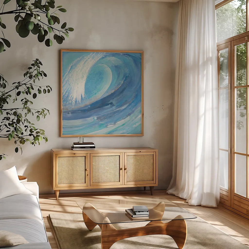 Surfs Up by Albena Hristova. Shown in a natural wood frame in a cozy modern living room. Available as an archival giclee rolled canvas, fine art paper, or poster print. SKU 25226a.