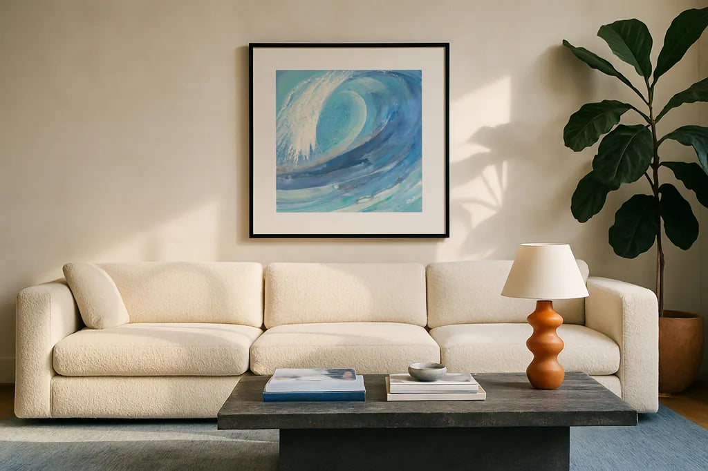 Surfs Up by Albena Hristova. Displayed in a glass frame with matte in a clean modern living room. Available as an archival giclee rolled canvas, fine art paper, or poster print. SKU 25226a.