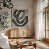 Swirl by Albena Hristova. Shown in a natural wood frame in a cozy modern living room. Available as an archival giclee rolled canvas, fine art paper, or poster print. SKU 63830a.