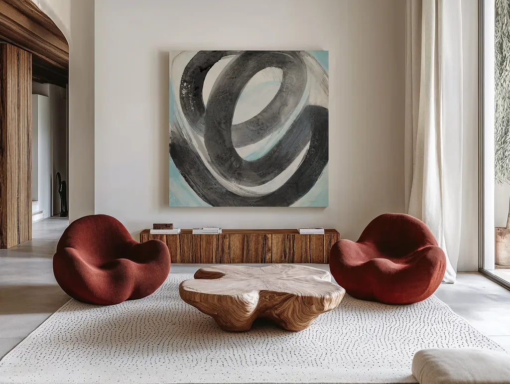 Swirl by Albena Hristova. Shown as extra-large giant wall art in a modern living room. Available as an archival giclee rolled canvas, fine art paper, or poster print. SKU 63830a.