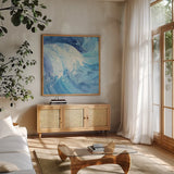 The Big Wave III Crop by Albena Hristova. Shown in a natural wood frame in a cozy modern living room. Available as an archival giclee rolled canvas, fine art paper, or poster print. SKU 27813a.