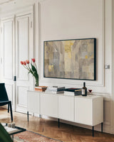 The Gold Square Crop by Albena Hristova. shown as a framed stretched canvas in a living room above a console. Available as a archival giclee rolled canvas, fine art paper, or poster print. SKU 23600i.