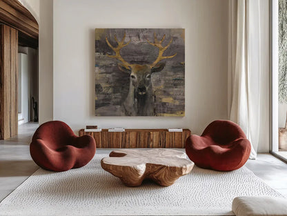 The Leader Gold by Albena Hristova. Shown as extra-large giant wall art in a modern living room. Available as an archival giclee rolled canvas, fine art paper, or poster print. SKU 20863a.