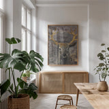 The Leader Gold Crop by Albena Hristova. shown as a print in a natural wood frame in a dining room. Available as a archival giclee rolled canvas, fine art paper, or poster print. SKU 20863h.