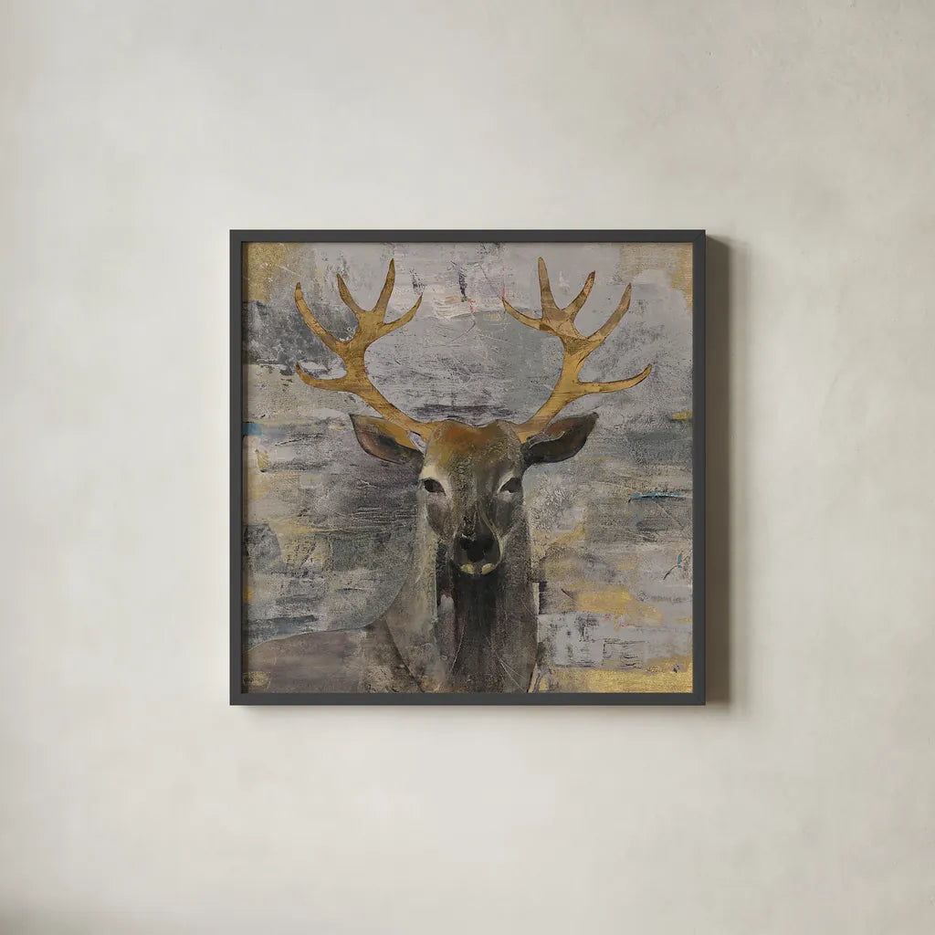 The Leader Gold Light Grey by Albena Hristova. Shown in a sleek black glass frame for a contemporary gallery look. Available as an archival giclee rolled canvas, fine art paper, or poster print. SKU 29095a.