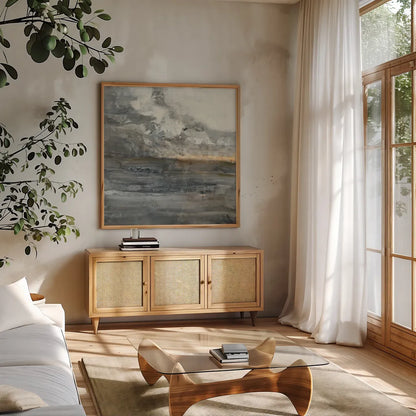 Thunder Road by Albena Hristova. Shown in a natural wood frame in a cozy modern living room. Available as an archival giclee rolled canvas, fine art paper, or poster print. SKU 57915a.