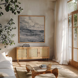 Thunder Road Neutral by Albena Hristova. Shown in a natural wood frame in a cozy modern living room. Available as an archival giclee rolled canvas, fine art paper, or poster print. SKU 60616a.