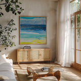 Tidal Dreams I by Albena Hristova. Shown in a natural wood frame in a cozy modern living room. Available as an archival giclee rolled canvas, fine art paper, or poster print. SKU 93880a.