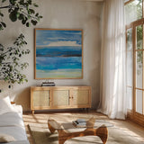 Tidal Dreams III by Albena Hristova. Shown in a natural wood frame in a cozy modern living room. Available as an archival giclee rolled canvas, fine art paper, or poster print. SKU 93882a.
