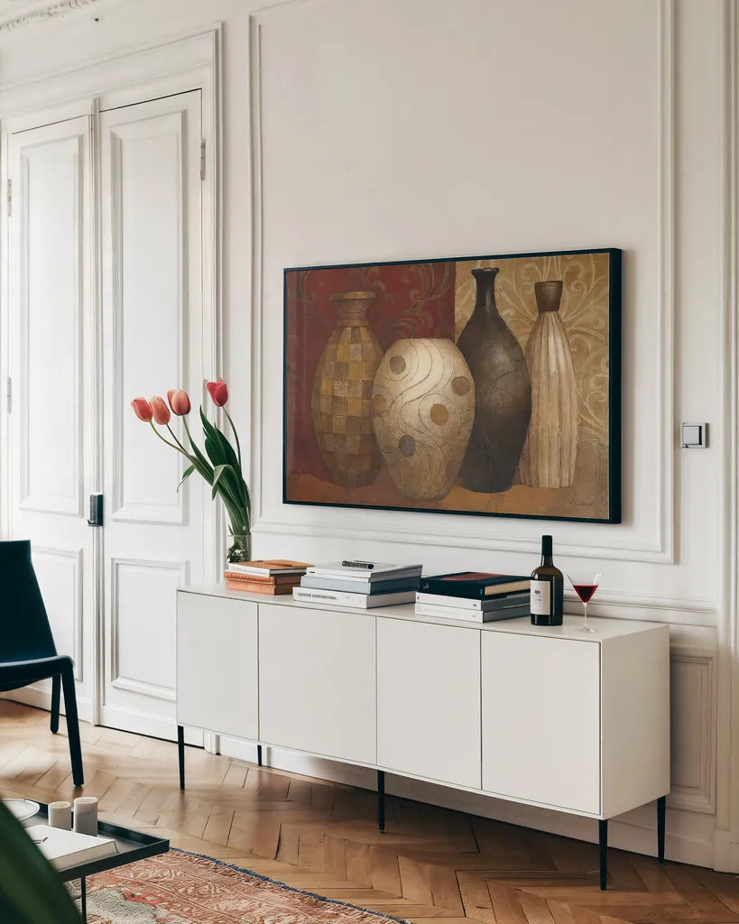 Timeless Vessels by Albena Hristova. shown as a framed stretched canvas in a living room above a console. Available as a archival giclee rolled canvas, fine art paper, or poster print. SKU 6824i.