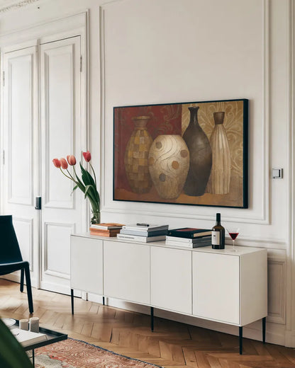 Timeless Vessels by Albena Hristova. shown as a framed stretched canvas in a living room above a console. Available as a archival giclee rolled canvas, fine art paper, or poster print. SKU 6824i.